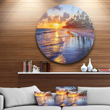Beach Side Resort With Palm Trees - Sea & Shore Round Metal Wall Art